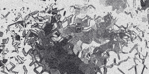 Abstract monochrome image with a complex, organic pattern of dark, irregular shapes against a grainy white background, suggesting a microscopic or cellular structure