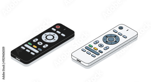 Two modern television remote controls in black and white colors shown from an isometric perspective with colorful buttons.