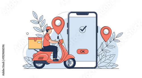 Delivery person on a scooter next to a large smartphone displaying a successful order confirmation with a check mark.