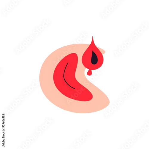 Vibrant abstract illustration of a red blood cell, characterized by a sickle shape and a prominent blood drop, embodying essential biological themes and medical concepts