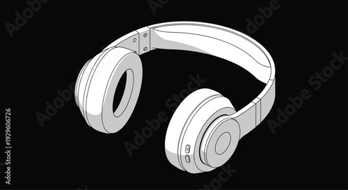 Modern over-ear headphones in a monochrome line art style isolated against a solid black background for sleek product design.