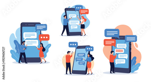 Four groups of people interacting with giant smartphones for online chatting and social media communication through bubbles.