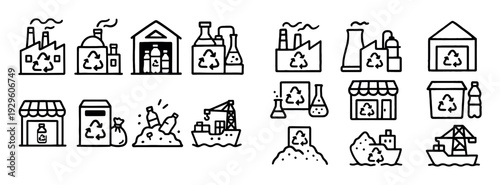 Line icons of recycling industry facilities and transport
