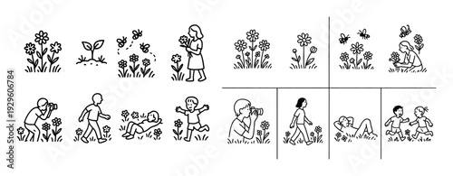 Children exploring and observing flowers outdoors