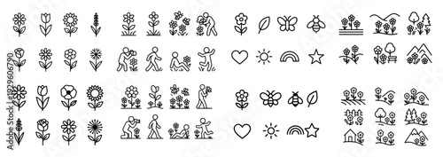Floral garden and outdoor line icons display.