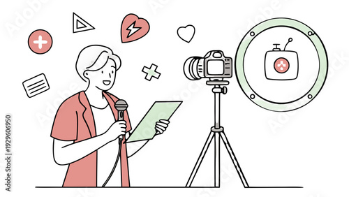 Young woman recording video with camera and microphone in studio