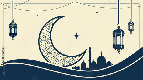 Elegant crescent moon and mosque silhouette with hanging lanterns