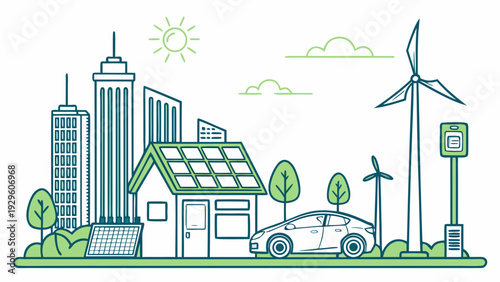 Sustainable cityscape with solar panels and electric car