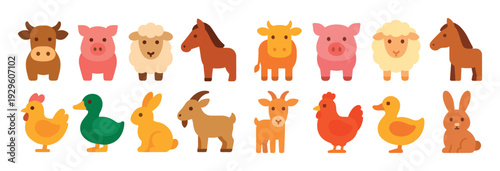 Colorful farm animal character lineup.