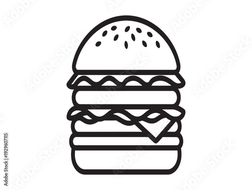 A simple line drawing of a hamburger with sesame seed bun