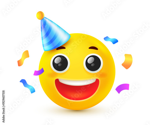 Happy birthday emoji with party hat and confetti, yellow emoticon with wide smile and teeth. 3d mesh vector style of celebrating face expression for holiday invitation and anniversary event on white