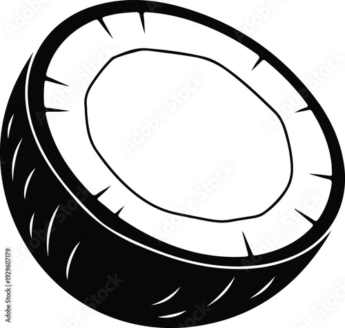 Single coconut half shell in black and white silhouette vector illustration