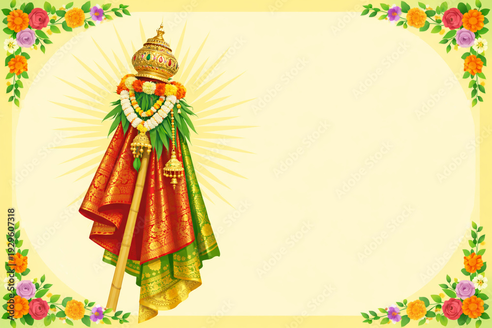 Fototapeta premium “Close-up of beautifully decorated gudi with bright silk cloth, intricate golden zari patterns, sugar garland, neem leaves, copper kalash shining in sunlight, shallow depth of field, soft bokeh backgr