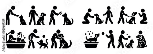 Pet care icons with person dog bath flat