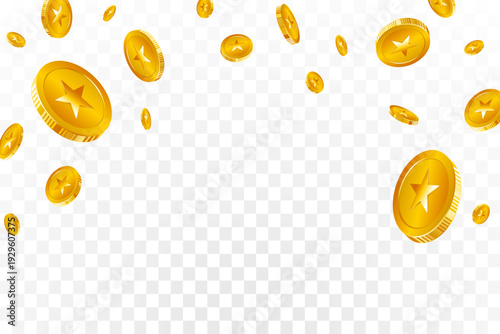 Luxury gold coins, stars on transparent background. Coins burst and explode wealth, jackpot, treasure, and finance concept