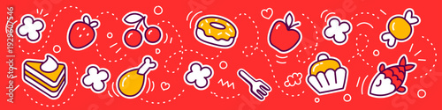 Food line art pattern with cake, strawberry, donut and chicken leg. Colorful vector set of various food items connected by dotted lines. Fruit and meat for cafe menu, grocery and tasty snack design