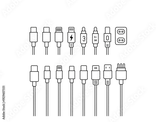 Assorted types of computer and audio connectors displayed in a row isolated on transparent background