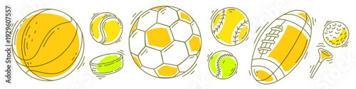 Sports balls set in line art style with basketball, soccer and american football with laces. Colorful vector of baseball, tennis, golf equipment and hockey puck for team games and fitness
