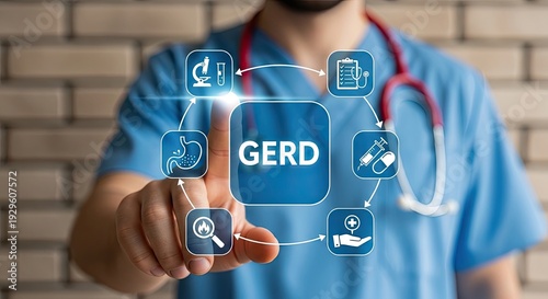 Doctor explaining GERD symptoms and treatment options with interactive icons