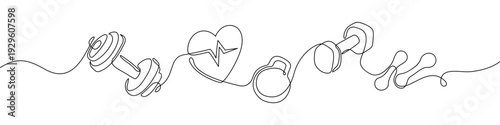 Weightlifting and heart health in continuous line art style with barbell and heartbeat with pulse. Minimalist vector of gym equipment with dumbbell and kettlebell. Fitness, workout and cardio training