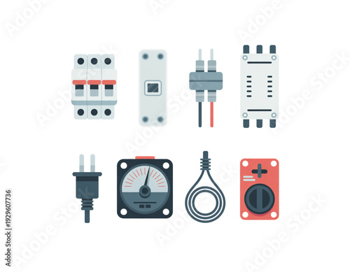 Assorted electrical components and connectors displayed on a white background isolated on transparent background