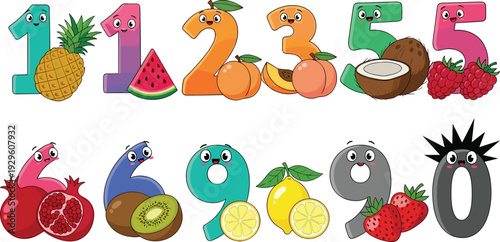 Educational cartoon numbers set from zero to nine featuring cute fruit characters like pineapple peach coconut and strawberry for kids learning and school stickers