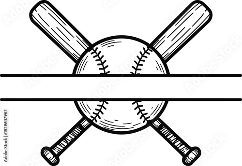 Crossed baseball bats and ball split frame for custom name engraving or sports team logo creation