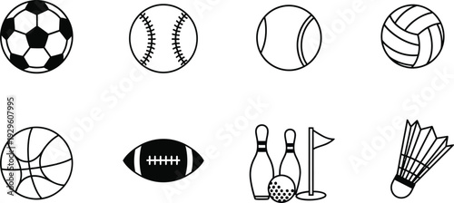 Set of minimalist sports ball icons including soccer baseball tennis volleyball basketball rugby bowling and badminton shuttlecock