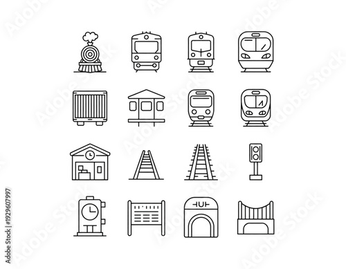 Collection of icons representing various household appliances and kitchen tools isolated on transparent background