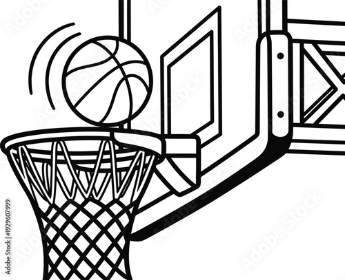 Basketball falling into hoop with net and backboard in line art style for sports design and streetball concepts