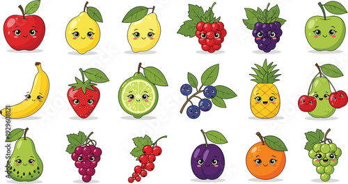 Kawaii cute fruit and vegetable character mega bundle featuring healthy food icons exercising with gym gear and smiling face stickers for kids graphic designKawaii cute fruit and vegetable character