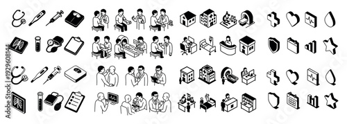 Healthcare icons with stethoscope syringe thermometer minimal