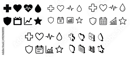 Medical health icons with heart cross shield outline simple