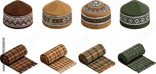 Traditional ethnic hat and plaid blanket set with tribal patterns and checkered designs in earthy brown and green colors for cultural fashion and textile vector