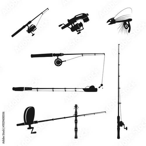 Black Silhouette Vector Icons of Fishing Rods, Reels, Hooks and Angling Equipment