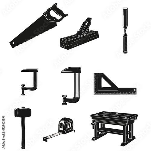 Black Silhouette Vector Icons of Carpentry Tools, Woodworking Equipment, Measuring Tools and Construction Accessories