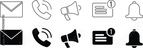 Communication Icons: A collection of essential communication symbols and notifications, designed for seamless digital interaction and informational clarity.