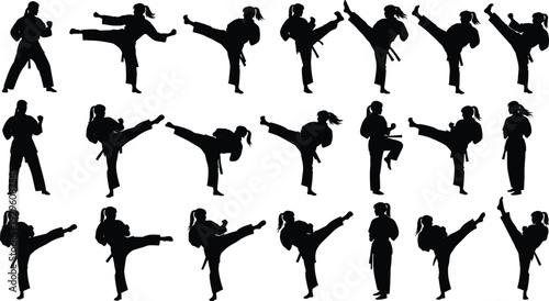 Female karate silhouette collection, martial arts high kick poses and fighting stances, black vector illustration isolated