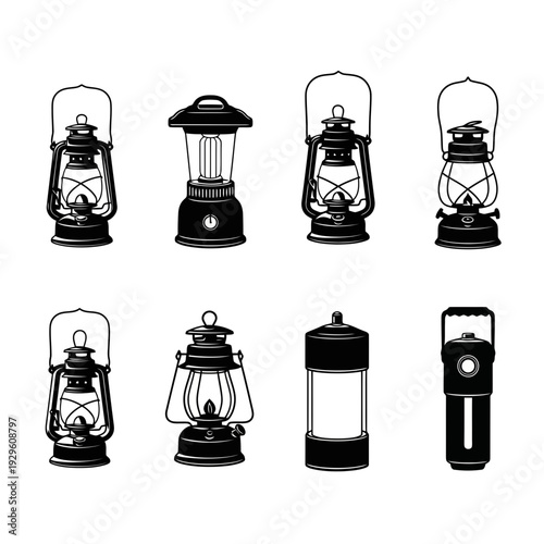 Black Vector Icon Set of Lanterns, Lamps, Portable Lights and Vintage Lighting Equipment