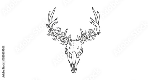 Deer Skull with Antlers and Flowers.