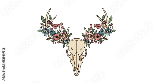 Deer skull with floral decoration.