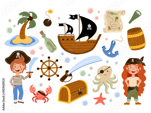 Pirate adventure illustration set with boy and girl pirates, sailing ship, treasure chest, octopus, and crab. Collection pirate elements for kids party decor, nursery art, and game design.