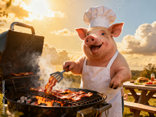 Pig chef happily grilling bacon at a backyard barbecue. Whimsical picnic setting with food table, funny conceptual food art caricature.