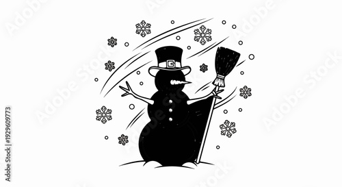 Cheerful snowman in a top hat holds a broom, surrounded by falling snowflakes and swirling lines