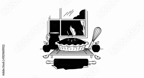 A freshly baked pie sits on a cooling rack beside apples and a whisk