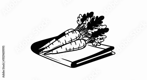 Fresh carrots with green tops rest on a plain, open book