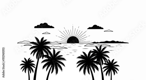 Tropical sunset silhouette with palm trees, islands, ocean, and stylized sun