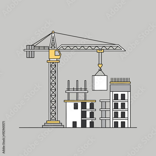 Construction Crane Lifting Building Material Near Unfinished Skyscraper