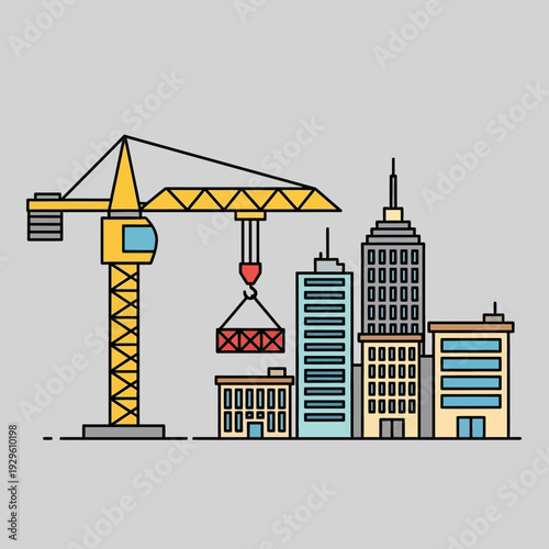 Construction crane lifting cargo over modern city skyline with skyscrapers