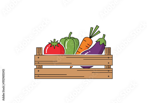 Fresh vegetables in a wooden crate, healthy food illustration